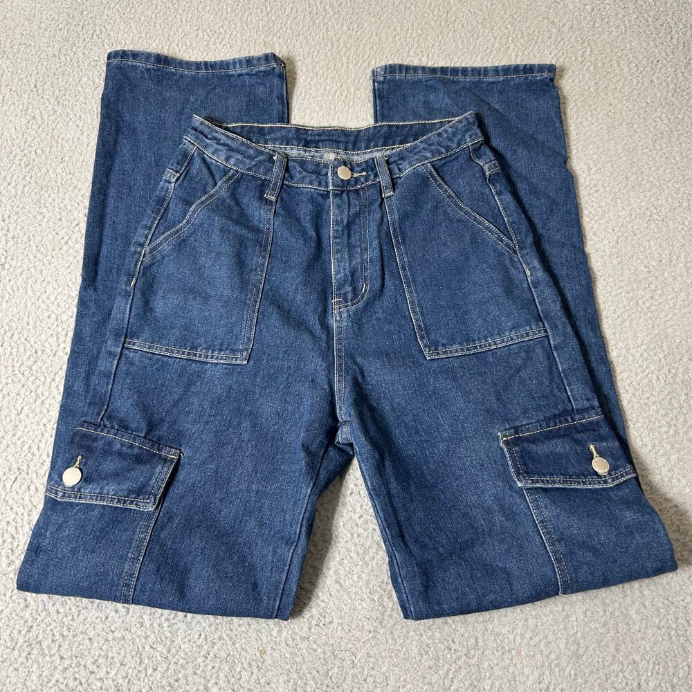 Shein Jeans Womens S Blue High‎ Rise Straight Leg High Rise Cargo Jeans